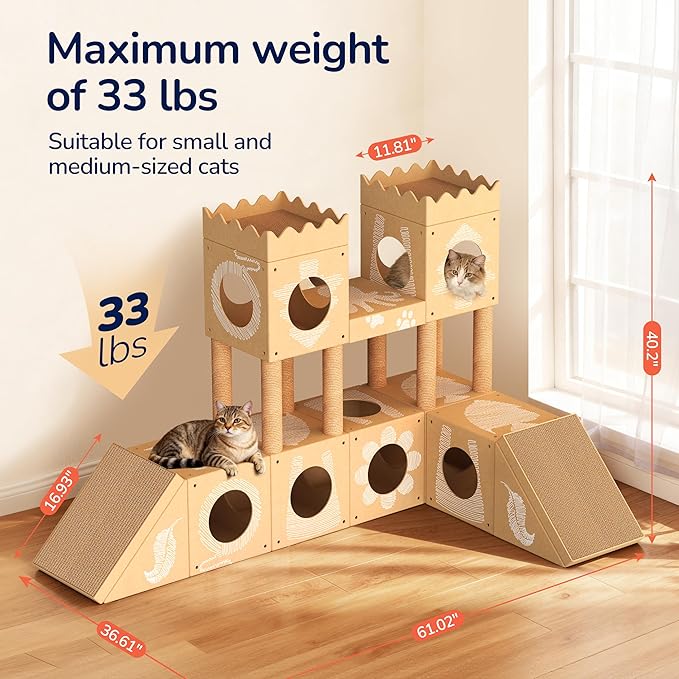 DIY Cardboard Cat House with Scratching Posts, Scratching Board, Multi-Level Cat Tower Playhouse & Tunnel for Kittens & Adult Cats, Recyclable 61.02″ × 36.61″ × 40.2″, Kraft Brown
