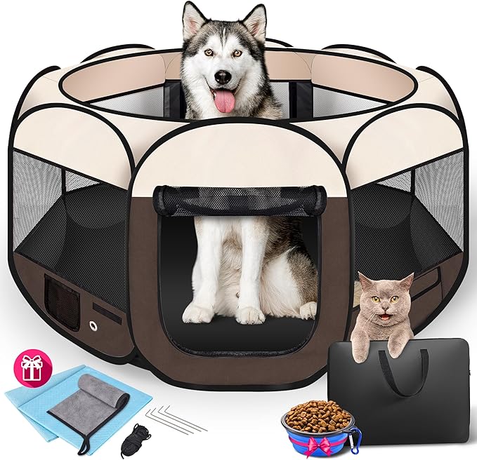 Dog Playpen 45", HOMAGICO Pet Playpen for Indoor Cats Enclosed, Portable Dog Cage Outdoor Tent Crate with Carrying Case, Water-Resistant and Removable Shade Cover,Brown