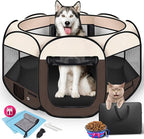 Dog Playpen 45", HOMAGICO Pet Playpen for Indoor Cats Enclosed, Portable Dog Cage Outdoor Tent Crate with Carrying Case, Water-Resistant and Removable Shade Cover,Brown