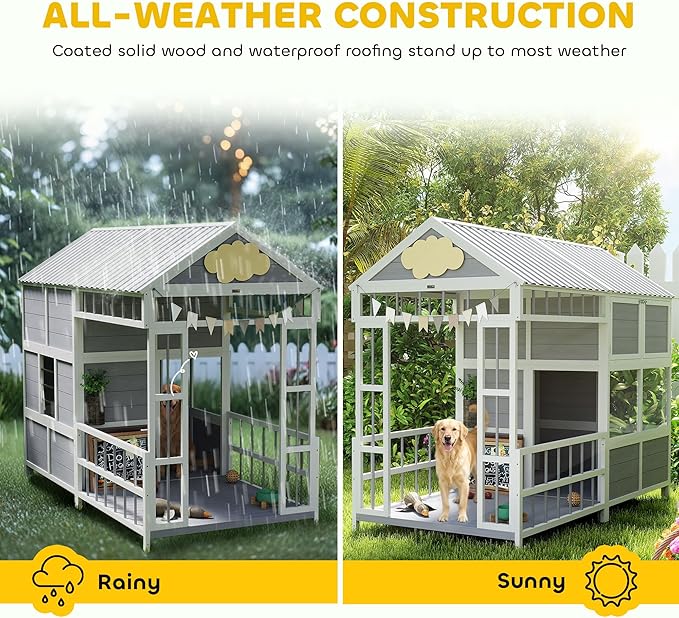 PawHut Dog House Outdoor Indoor, 79" x 41" x 63" Wooden Dog Shelter with Porch, Storage Cabinet, Weatherproof Roof, Elevated Floor, Air Vents & Observation Windows, Large Pet Shelter for Large Breeds