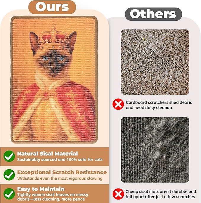 Sisal Cat Scratcher Mat, Cat Wall Scratcher for Indoor Cats, 23.6x15.7 Inch Cat Scratch Pad with Hook & Loop, Wall Mounted Cat Scratching Post to Protect Couch and Carpet（Radiant Cat）