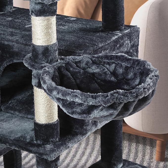 WEEWAY 68 Inches Multi-Level Large Cat Tree for Feline‌/Big Tower/Condo/Cozy Plush Kitty Perches/Fluffy Balls/Sisal Scratching Posts and Hammocks/Cave/Furniture Activity Center/Drak Grey