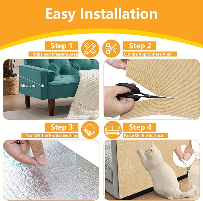 Cat Scratch Pad for Wall,Cuttable and Adhesive Cat Scratching Mat,Fun Interactive Scratcher,Cat Scratch Furniture Protector (Khaki,78.7×15.8inch)