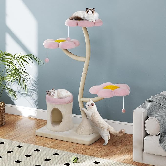 COZIWOW 57" Heavy Duty Cat Tree for Large Cats, Aesthetic Pink Metal Tube Cat Tower with Large Condo & Flower Perches, Multi-Level Indoor Cat House with Scratching Post