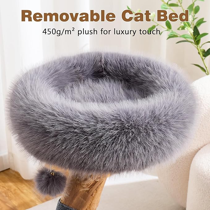 HITTITE Natural Solid Wood Cat Tree Tower with Scratching Post, 32 Inches Tall Modern Cat Tower with Cozy Bed and Platforms, Luxury Real Branch Cat Tree for Indoor Cats Large Adult, Grey.