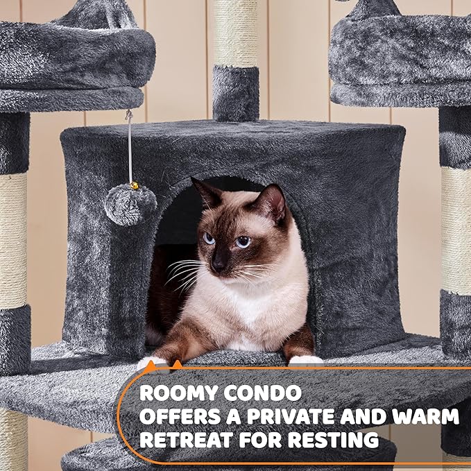 Topeakmart Large Cat Tower Cat Tree with Caves Condos, Platforms Scratching Board & Scratching Posts as Cat Activity Center, Pet Play House