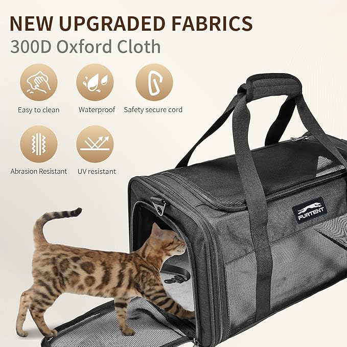 TSA Approved Pet Carrier for Small Cats and Puppies, Soft-Sided and Foldable, Cat and Dog Carrier Fits Pets Up to 15 lbs, Durable Portable Travel Bag with Litter Box (Black, Litter Box & Leash Set)