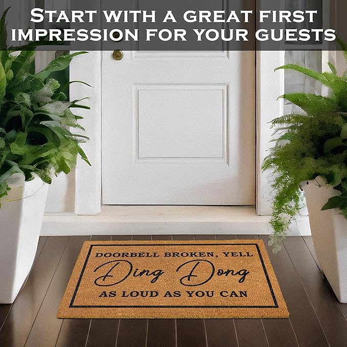MAINEVENT Ding Dong Doorbell Door Mat 30x17 Inch, Doorbell Broken Welcome Mat for Covered Outdoor Area, Door Bell Broken Yell Ding Dong Doormat, Coir Welcome Rug Funny