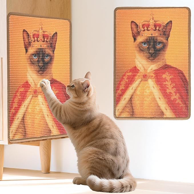 Sisal Cat Scratcher Mat, Cat Wall Scratcher for Indoor Cats, 23.6x15.7 Inch Cat Scratch Pad with Hook & Loop, Wall Mounted Cat Scratching Post to Protect Couch and Carpet（Radiant Cat）