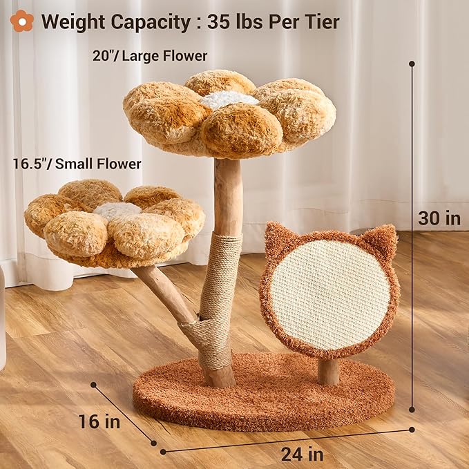 Aesthetic Flower Cat Tree Tower with Scratching Post for Indoor Cats, 30" H Modern Cat Tree with Natural Solid Wood Branch, Fluffy Cat Beds Removable & Large Scratching Board, Sunset Brown