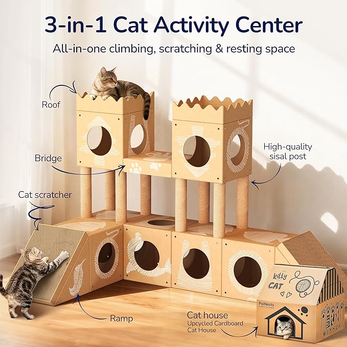 DIY Cardboard Cat House with Scratching Posts, Scratching Board, Multi-Level Cat Tower Playhouse & Tunnel for Kittens & Adult Cats, Recyclable 61.02″ × 36.61″ × 40.2″, Kraft Brown