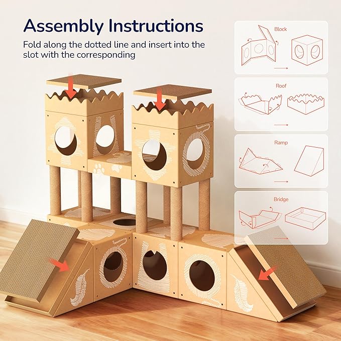 DIY Cardboard Cat House, Multi-Level Cat Tree Tower with Scratching Posts, Scratching Board, Tunnel & Playhouse for Kittens & Adult Cats, Recyclable 61″ × 36.6″ × 40.2″, Kraft Brown
