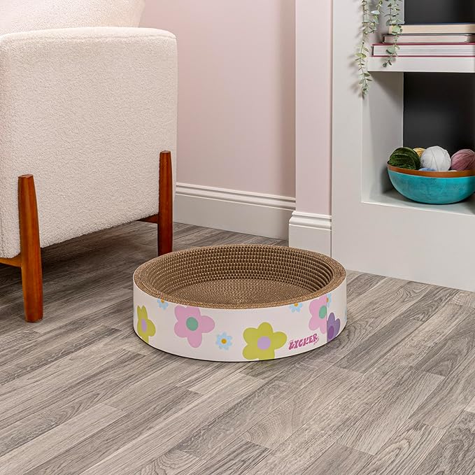 CSR1001A-SET2 Daisy 18.13" Modern Cardboard Bowl Cat Scratcher with Catnip, White/Multi (Set of 2)