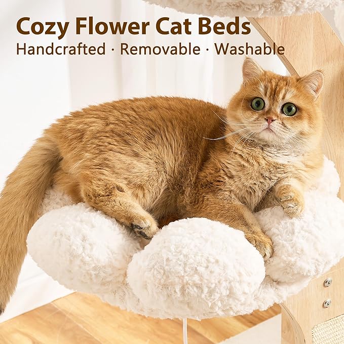 Aesthetic Flower Cat Tree Tower with Scratching Post for Indoor Cats, 48" Modern Cat Tree with Wood Sculpted Branch, Flower Cat Beds, Scratching Board & Interactive Squeaky Toy, Creamy White