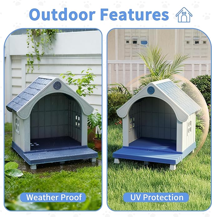 Dog Houses Outdoor, Large Dog House with Air Vents and Elevated Floor Dog House Bed for Outdoors,Courtyard,Lawn,Waterproof, Sturdy, Resin and Easy Assembly