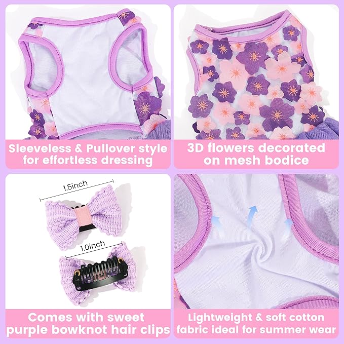 Dog Dress, Fashion Puppy Tutu Princess Dresses for Small Dogs Girl, Sweet Skirt with Dog Bowknot Clips, Spring Dog Cat Clothes Pet Apparel (Purple Floral Dress, XXX-Small)