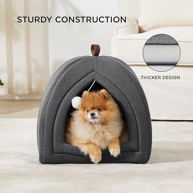 Bedsure Cat Beds for Indoor - 2 in 1 Cat Cave House Tent for Kittens and Small Pets with Removable Washable Cushioned Pillow, Foldable Kitten Hideaway with Non-Slip Bottom, Dark Grey, 17.3 inches