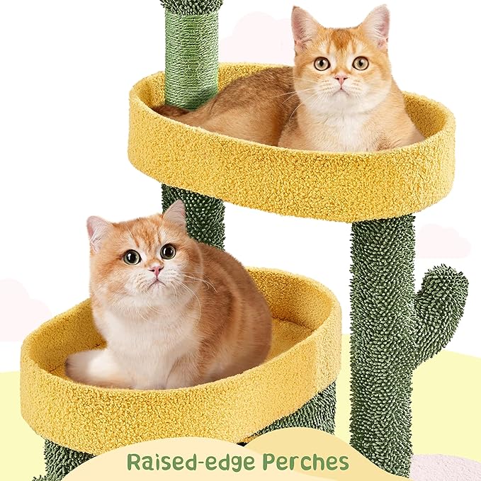 Yaheetech 48in Cactus Cat Tree with Flower-Themed Perches, Multi-Level Platforms, Condo, Scratching Posts & Dangling Balls
