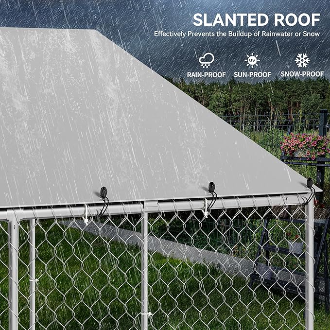 DWVO Outdoor Dog Enclosure with Roof, 10'x10' Dog Kennel Outside with Metal Gate, Dog House Large Dogs for Yard