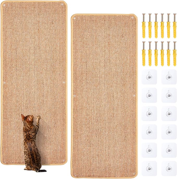 Natural Sisal Cat Scratcher Mat, Wall Scratcher Carpet, Cat Climbing Wall, Large Tall Scratching Post, Sofa Protector, Scratching Mat Pad for Indoor Cats (Brown, 39.3" Lx15.7 W, 2PCS)