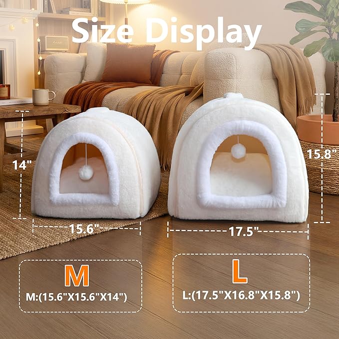 Cat Bed for Indoor Cats,2-in-1 Convertible Cat Bed & Cave,Foldable Washable Cat House,Soft and Thick Removable Inner pad, Anti-Slip Bottom,cat Tent for Kittens,Cats & Small Dogs,Cream