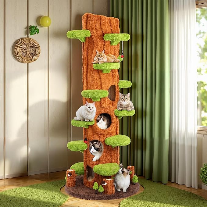 NUNU LAB 90.5 Inch Tall Cat Tree - Large Magic Forest Cat Tree Tower with Sisal Scratching Posts, Side Hideout & Platforms, Multi-Level Solid Wood Cat Condo with for Multi-Cat Homes (Large Green)