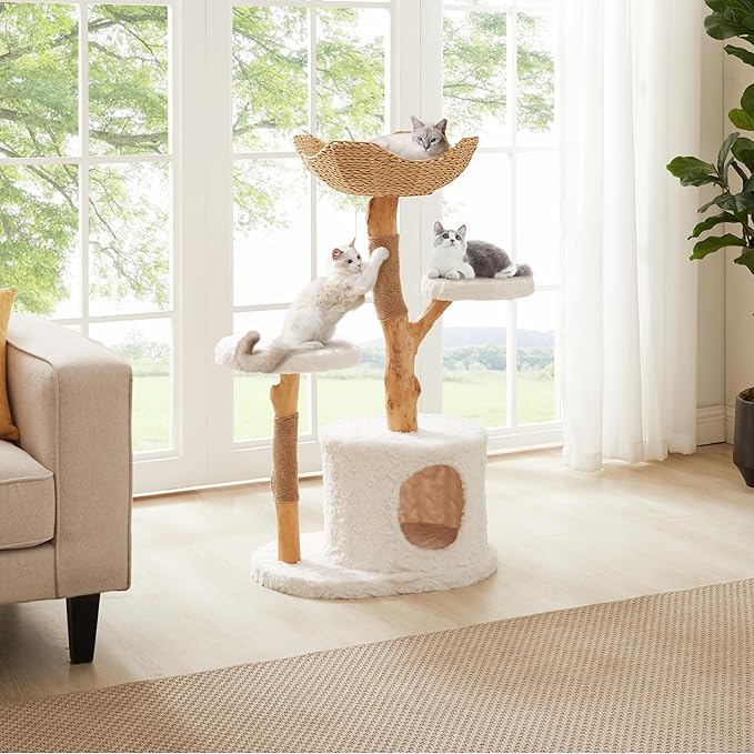 Unipaws Modern Cat Tree Tower for Small and Large Cats, Real Solid Wood Branch Luxury Cat Condo with Scratching Post and Cat Bed, Indoor Furniture for Cat Lover Gifts