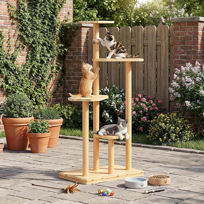 60" Tall Outdoor Cat Tree, Cat Tower Weatherproof for Patio, Garden, Balcony, Durable 4-Tier Natural Wood w/Scratching Posts for Multiple Cats,Outside&Indoor Adult Cats and Kittens Play, Climbing