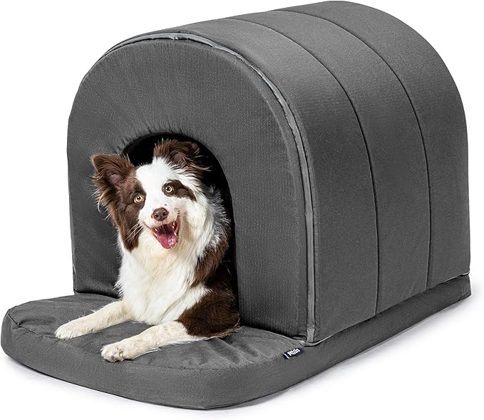 Orthopedic Dog House 2.0 - Outdoor Waterproof Dog Shelter w/Porch - Scratch Proof Indoor Pet House w/Egg-Crate Foam - Ideal for Large Breeds & Fits 36-Inch Crate - 35"x22", Charcoal