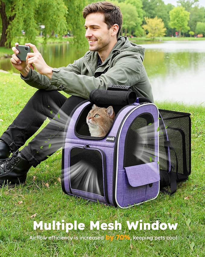 Pecute Cat Backpack Carrier Expandable, Pet Backpack for Cats & Small Dogs Up to 11lbs, with 4-Side Breathable Mesh, Multi-Entry & Lockable Zippers for Travel, Hiking, Camping - Hands Free, Purple