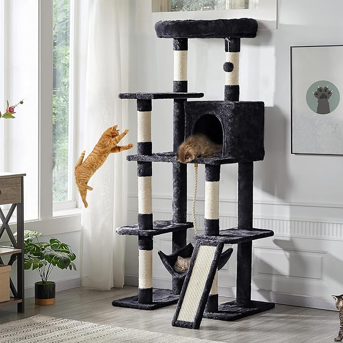 Topeakmart 63in Cat Tree, Large Cat Tower Furniture w/Cat Condo, Padded Platform & Sisal-Covered Scratching Post, Stable Cat Tower Pet Play House, Black