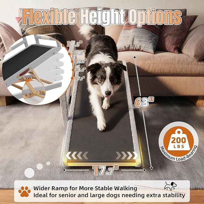 Dog Ramp for High Bed – 63" Super-Long Wooden Ramp with Soft Plush Fabric Cover & Safety Rails 18”–32”Adjustable Heights for Tall Beds, Non-Slip Wide 17.7" Platform – Ideal for Large & Senior Dogs