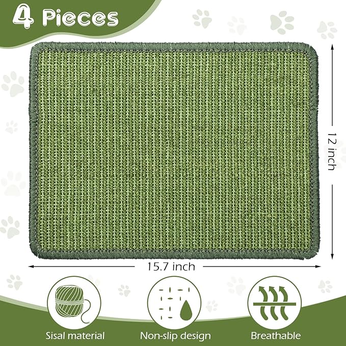 4 Pcs Cat Scratcher Mat Sisal Scratch Mats Horizontal Floor Scratching Pad Rug Sisal Fabric Cat Scratch Mat for Protecting Carpets Sofas and Cat Grinding Claws Green 11.8" x 15.7"