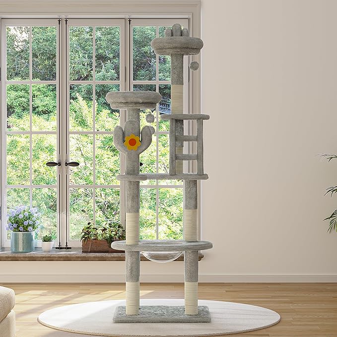 72in Cat Tree Tall Cat Tower for Indoor Cats with Transparent Capsule, Sisal Scratching Posts, Plush Perches, Multi-Level Cat Activity Center Furniture for Kittens and Large Cats (Gray, 72.05in)