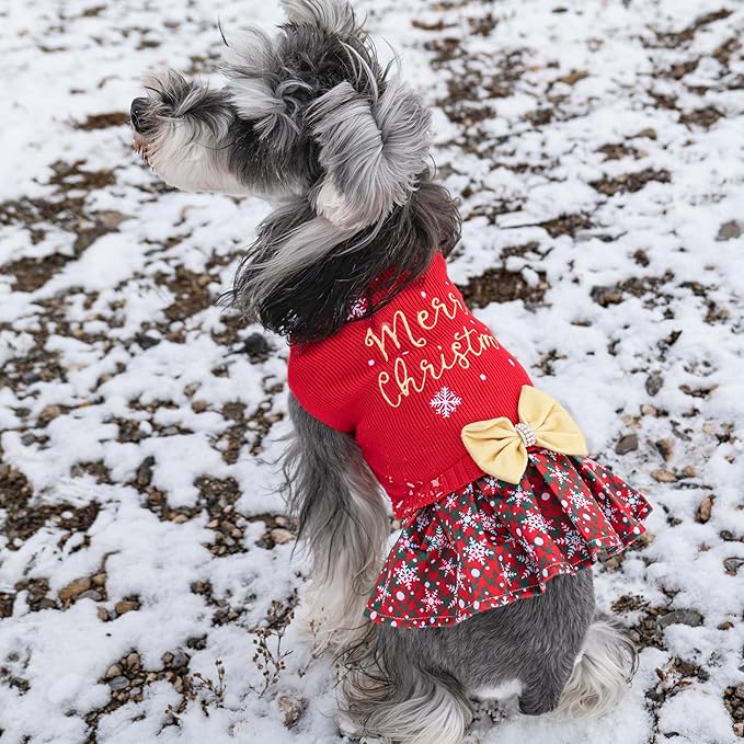 CuteBone Christmas Dog Sweater Dress Turtleneck Puppy Sweater with Bowtie Harness Hole Pullover Winter Dress for Medium Dogs