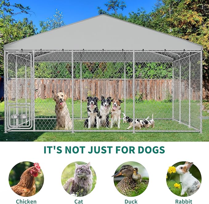 DWVO 14.8'x14.8' Dog Kennel Outdoor with Rotating Feeder Bowls, Outdoor Dog Pens with Roof, Heavy Duty Dog House for Medium Large Dogs