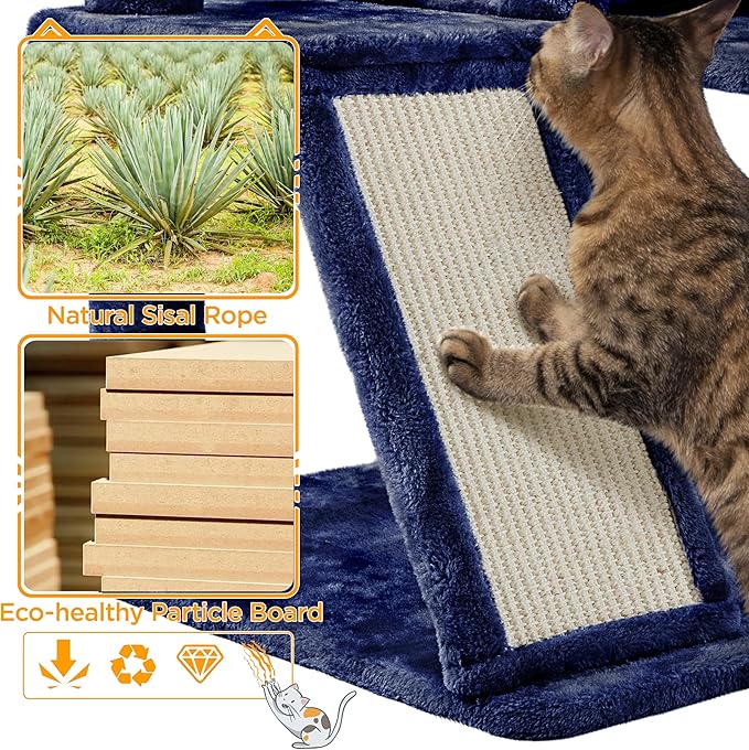 Yaheetech 57 inches Cat Tree for Indoor Cats, Multi-Level Cat Tower w/ 3 Perches, 2 Cat Condos, 2 Hanging Balls and Scratching Posts, Navy Blue