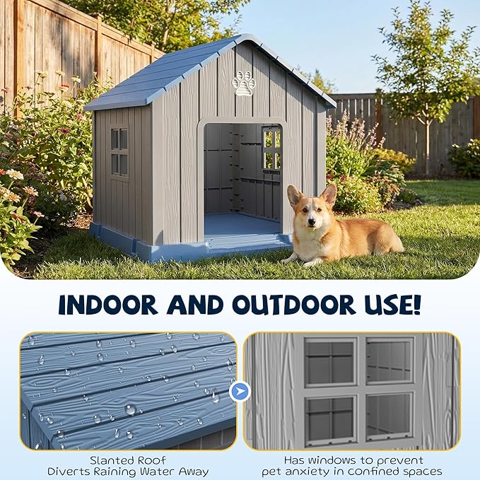 VIXZEN Dog House Outdoor, 31 Inches Weatherproof Resin Dog House Indoor Large with Air Vents & Elevated Floor, Doghouse Outdoor for Large Dogs, Easy Assembly, Versatile Storage Functionality, Blue