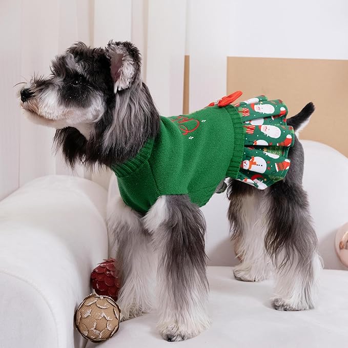 CuteBone Christmas Green Dog Sweater Dress Turtleneck Puppy Sweater with Bowtie Harness Hole Pullover Winter Dress for Small Medium Dogs