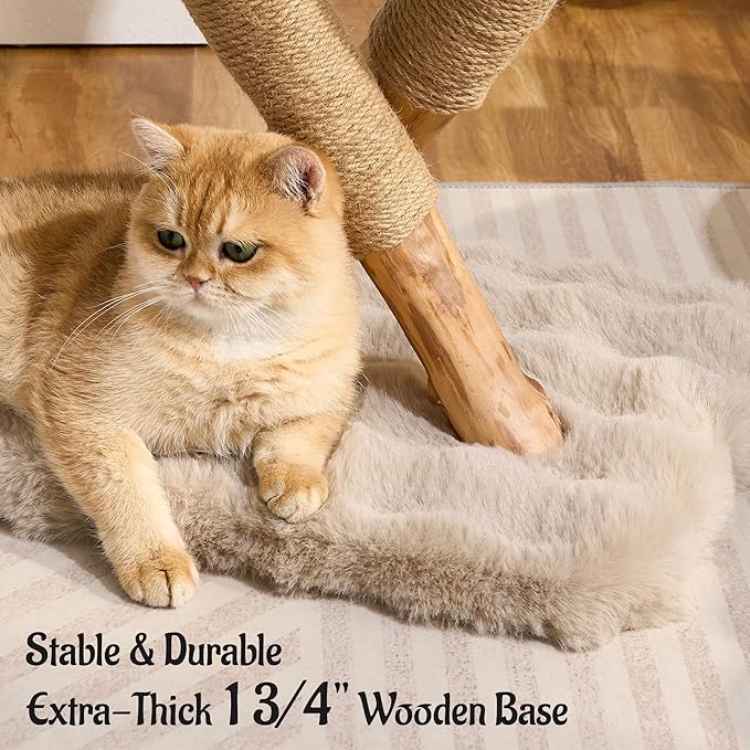 Natural Wood Cat Tree for Indoor Cats Large Adults, 33in Modern Cat Tree Tower with Super Soft Plush Cat Bed & Perch, Sisal Scratching Posts and Hanging Plush Ball, Soft Khaki