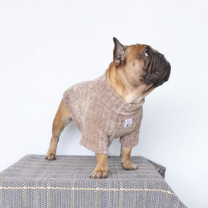 iChoue Pet Dog Winter Warm Sweater Clothes Turtleneck for English Bulldog Boston Terrier Corduroy Cold Weather Pullover Coat Shirt - Khaki/XLarge