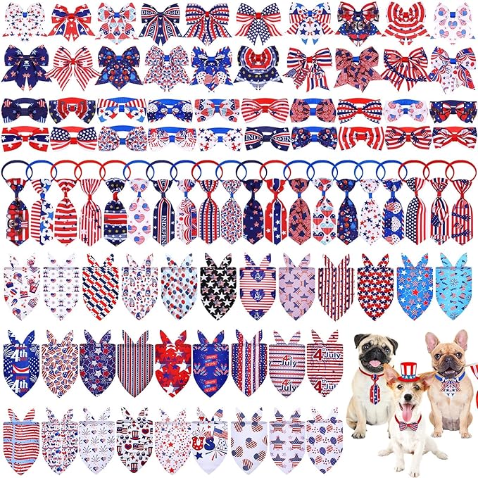 Reginary 120 Pcs 4th of July Dog Bandanas Bulk Dog Bows Set Bow Ties Cat Scarf Colorful Washable Triangle Pet Kerchief Cute Bib for Summer Small Medium Large Pets Grooming Accessories Costume
