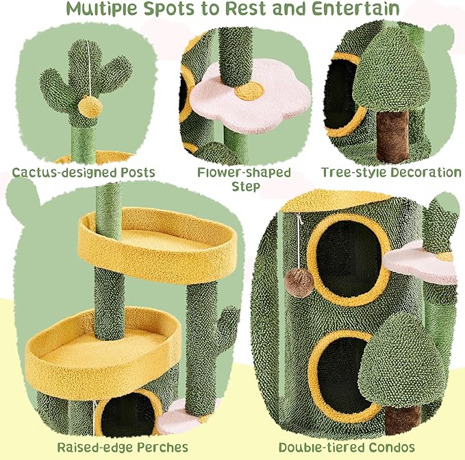 Yaheetech 48in Cactus Cat Tree with Flower-Themed Perches, Multi-Level Platforms, Condo, Scratching Posts & Dangling Balls
