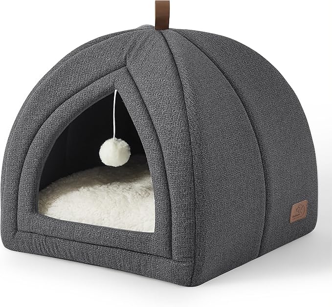 Bedsure Cat Beds for Indoor - 2 in 1 Cat Cave House Tent for Kittens and Small Pets with Removable Washable Cushioned Pillow, Foldable Kitten Hideaway with Non-Slip Bottom, Dark Grey, 17.3 inches