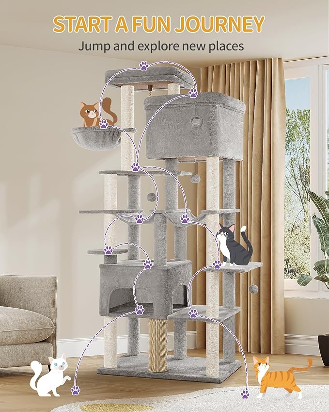 Cat Tree, 200cm XXL Cat Tree with 10 Scratching Posts, 2 Caves, 2 Hammocks, Large Platform, Cat Brushes, Basket, Heavy Duty Cat Tree for Maine Coons, Large Cats, Light Grey MS20018LG