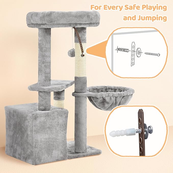 Yaheetech Cat Tree, Multi Level Climbing Tower for Indoor Cats, Pet Activity Center Scratching Post Indoor Furniture Bed with Basket for Kittens, Light Gray
