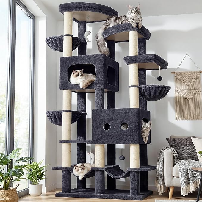 Globlazer 81in Multi-Level Larger Cat Tree Tower Condo Indoor Furniture Activity Center with Oversized Plush Cat Bed/Baskets/Full-Sisal Scratching Posts and Hammock/S81/Dark Gray