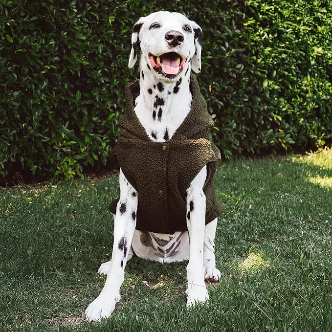 Tuff Pupper Fleece Dog Hoodie Sweater | Teddy Sherpa Outer & Soft Polar Fleece Lining | Adjustable Fit Winter Coat with Hood, Leash Hole, Ribbed Cuffs | for Small Medium Large XL XXL Dogs (Olive, L)