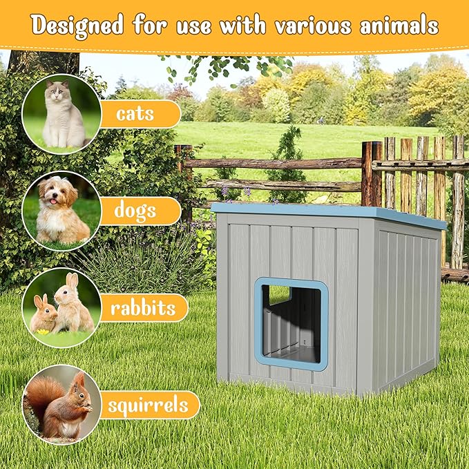 KAMABOKO Outdoor Cat House Weatherproof Insulated for Winter, Durable Shelter for Feral and Outdoor Cats, All-Season Cat House with Removable Roof & Waterproof Base for Patio, Porch, Blue