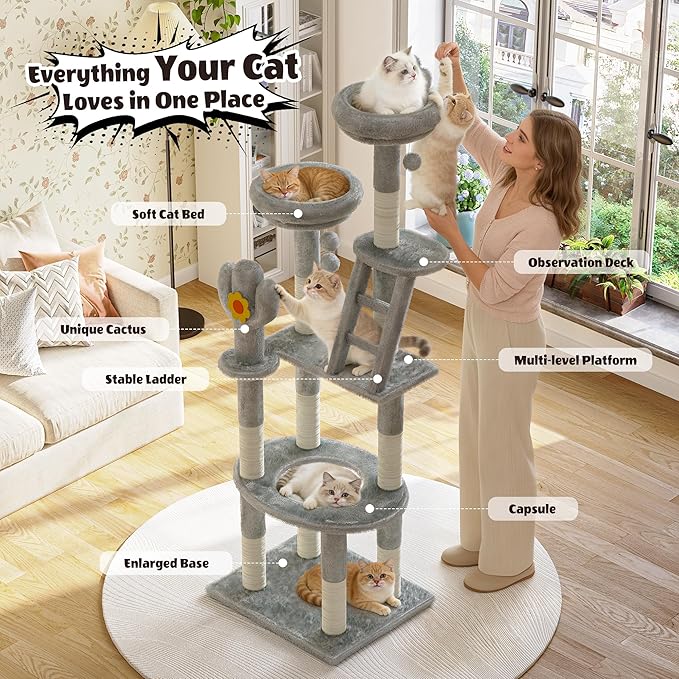 Cat Tree, 72in Indoor Cactus Cat Tree with Transparent Capsule, Sisal Scratching Posts, Plush Perches and Interactive Toys for Kittens and Large Cats, Gray